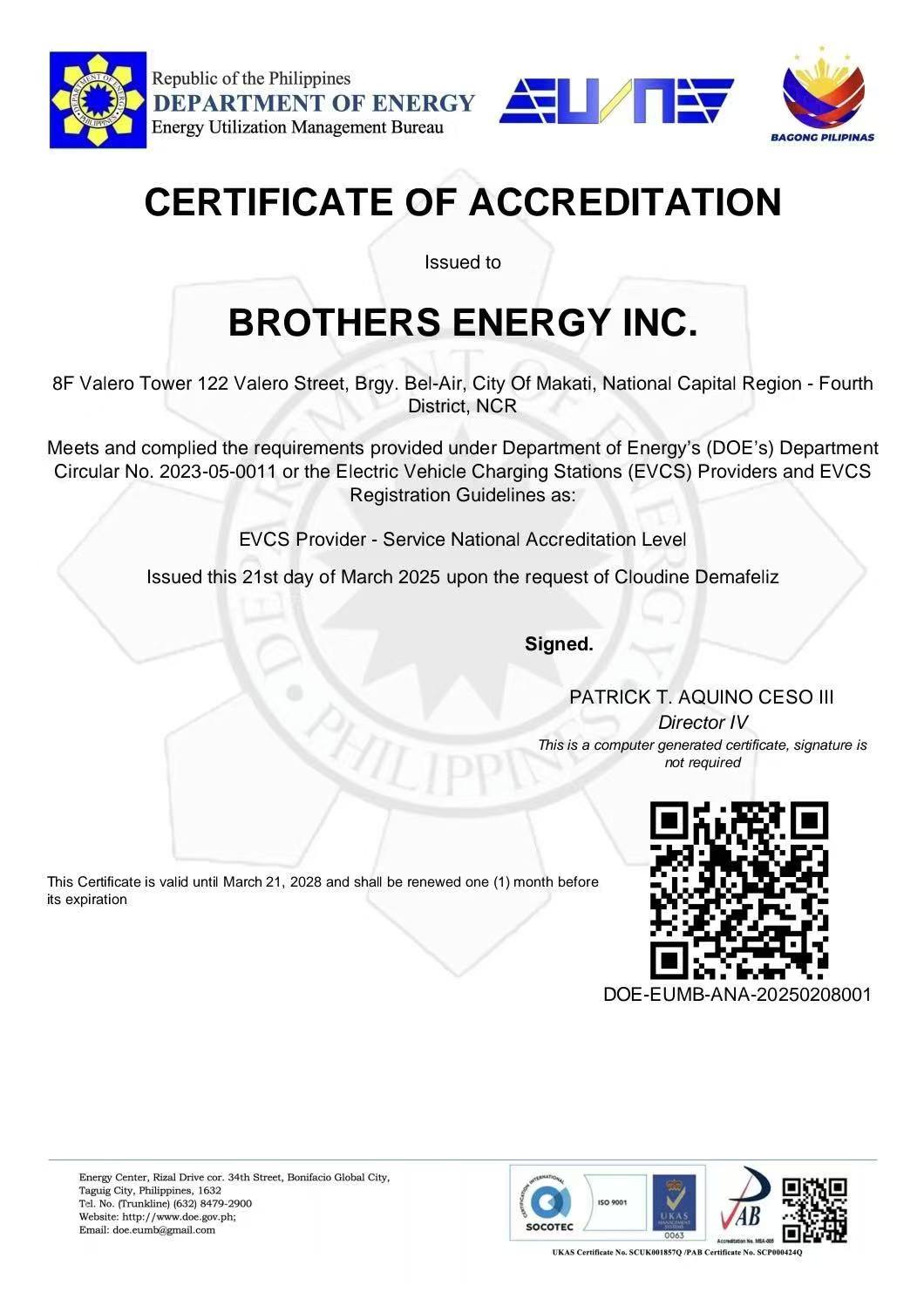 Department of Energy Certificate of Accreditation issued to Brothers Energy Inc. as an EVCS Provider at Service National Accreditation Level