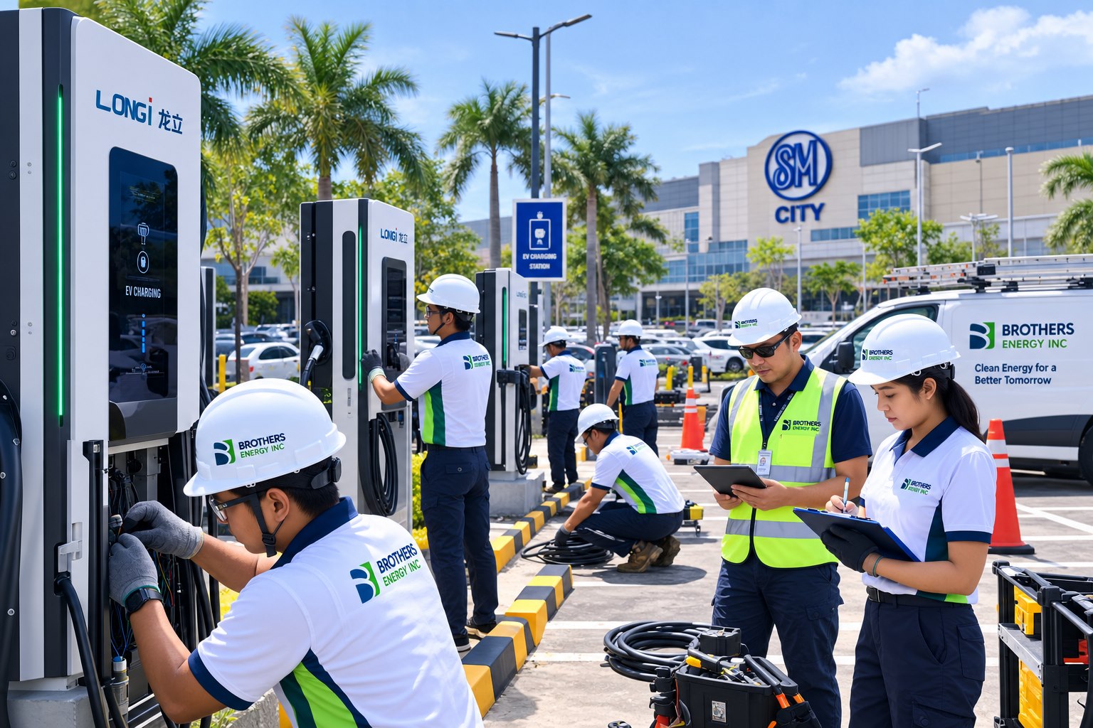 Brothers Energy technicians installing high-power EV chargers at a commercial mall parking facility