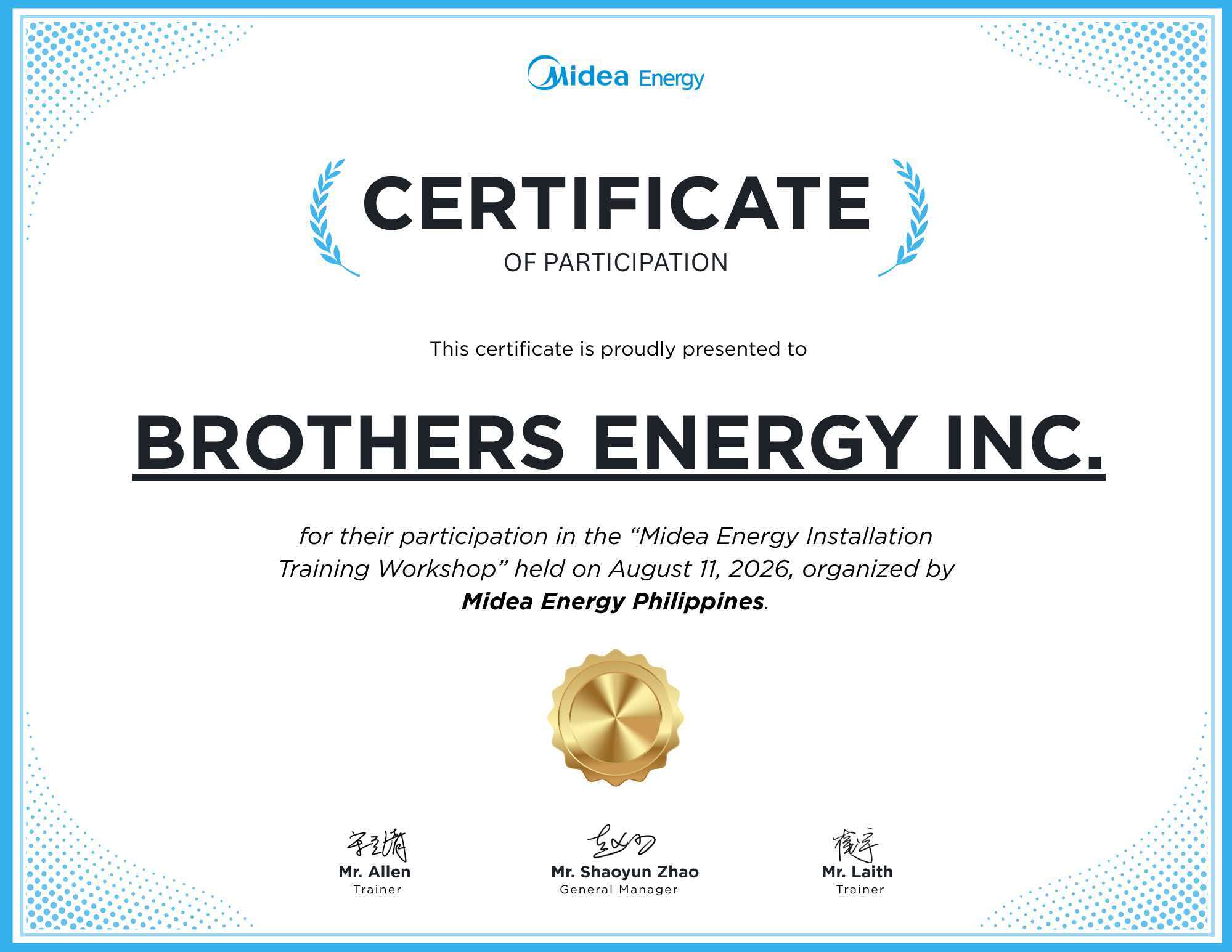 Midea Energy Certificate of Participation presented to Brothers Energy Inc.