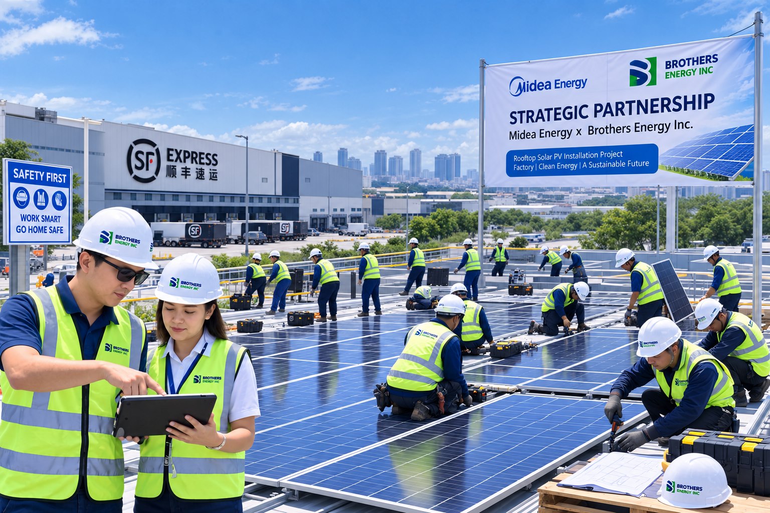 Brothers Energy technicians working on a large rooftop installation